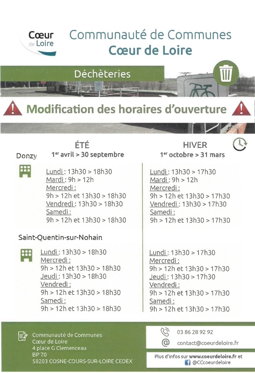 nouveaux horaires déchèterie Suilly la Tour